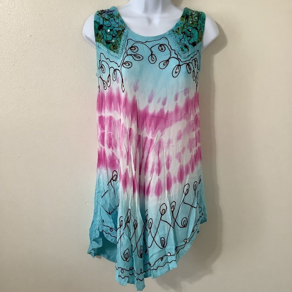 Vintage Blue Tie Dye Fairy Hippie Boho‎ Embroidered Festive Mini Dress Large